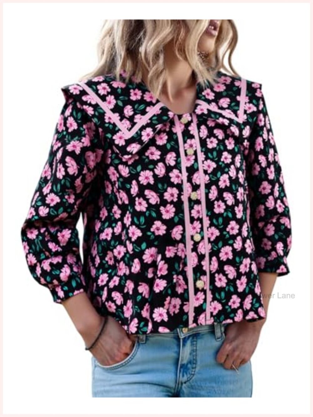 Women's Floral 3/4 Sleeve Button Down Shirt with Square Neckline